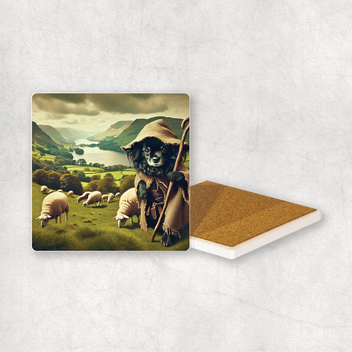 Ceramic Coaster gift with a Black Chihuahua dog design, looking like a shepherd, with sheep and the Lake District in the background.