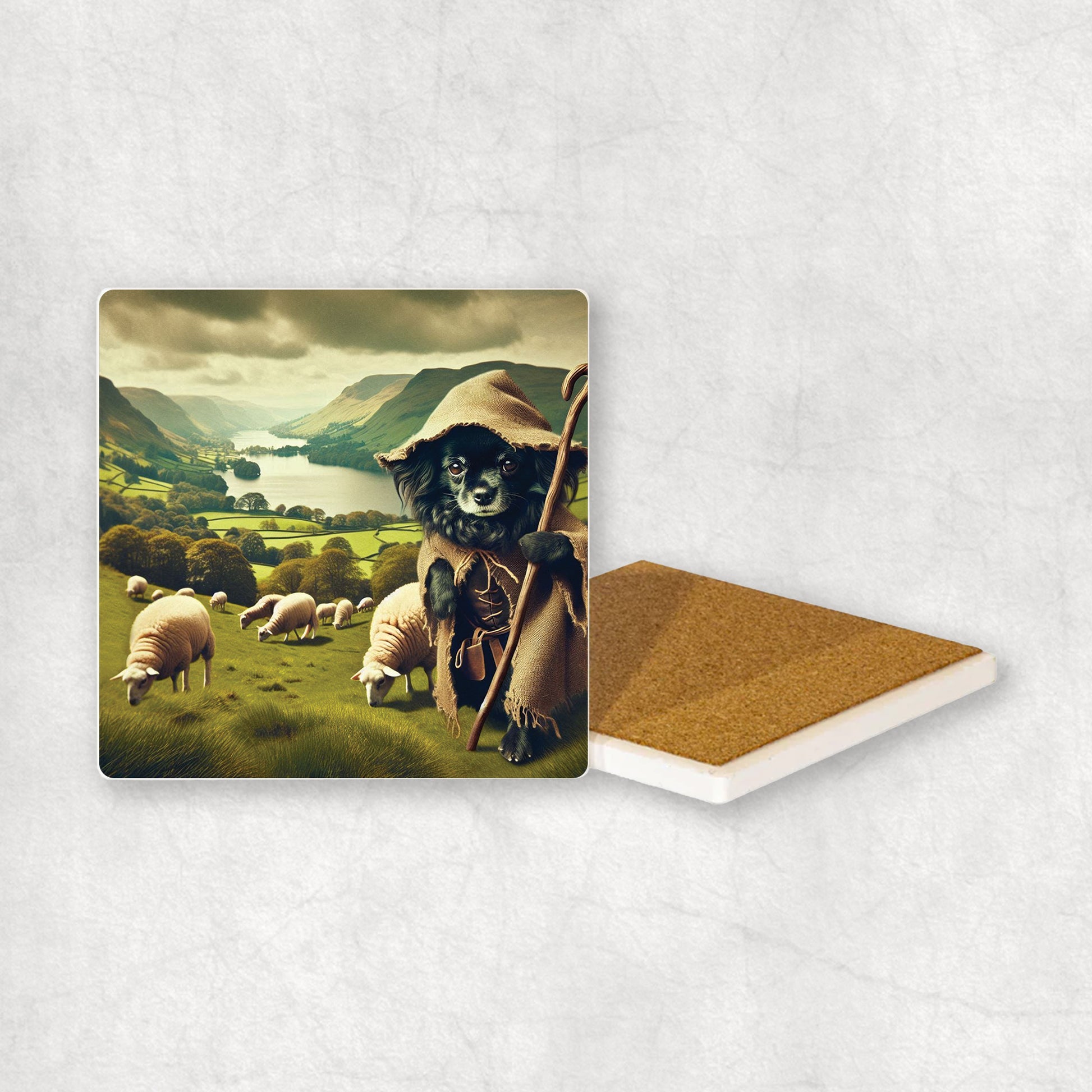 Ceramic Coaster gift with a Black Chihuahua dog design, looking like a shepherd, with sheep and the Lake District in the background.