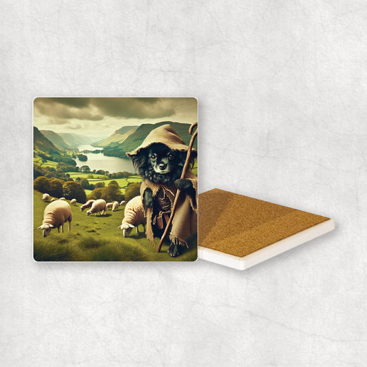 Ceramic Coaster gift with a Black Chihuahua dog design, looking like a shepherd, with sheep and the Lake District in the background.