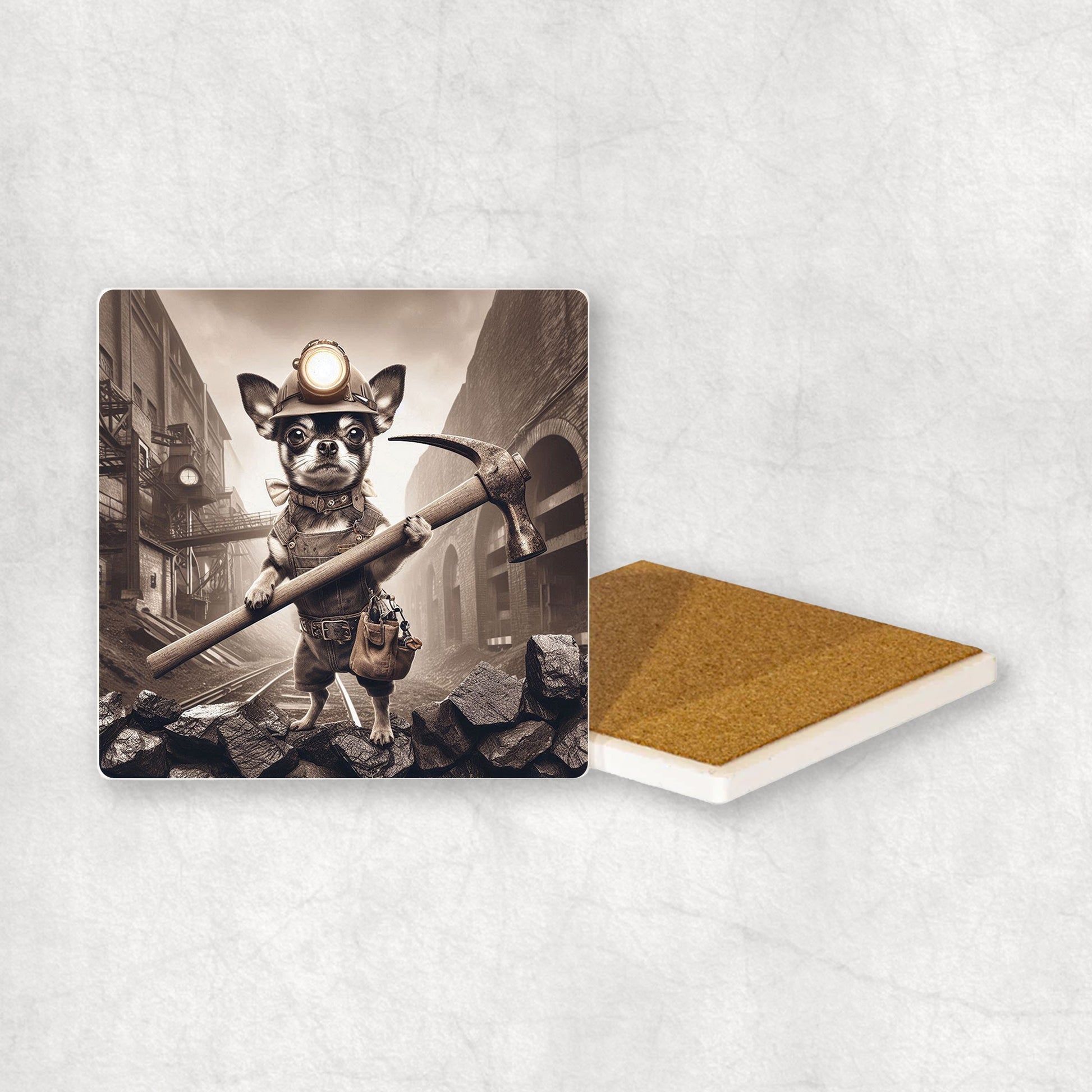 Ceramic Coaster gift with a Black Chihuahua dog design, dressed like a miner, holding big pickaxe in its paws, with a mine in the background.