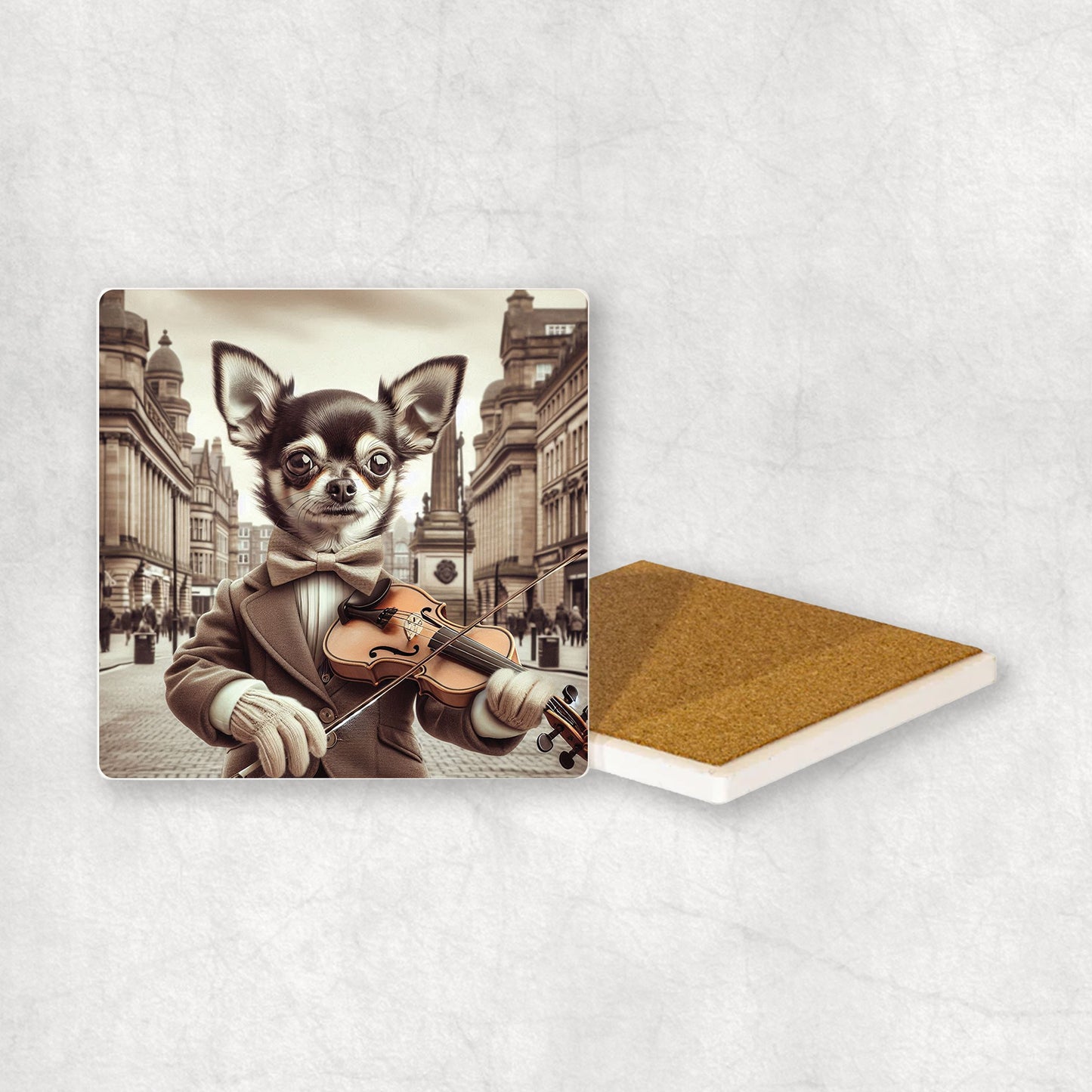 Ceramic coaster gift with a Black Chihuahua dog design, wearing a suit, playing the violin, with a beautiful city centre in the background.