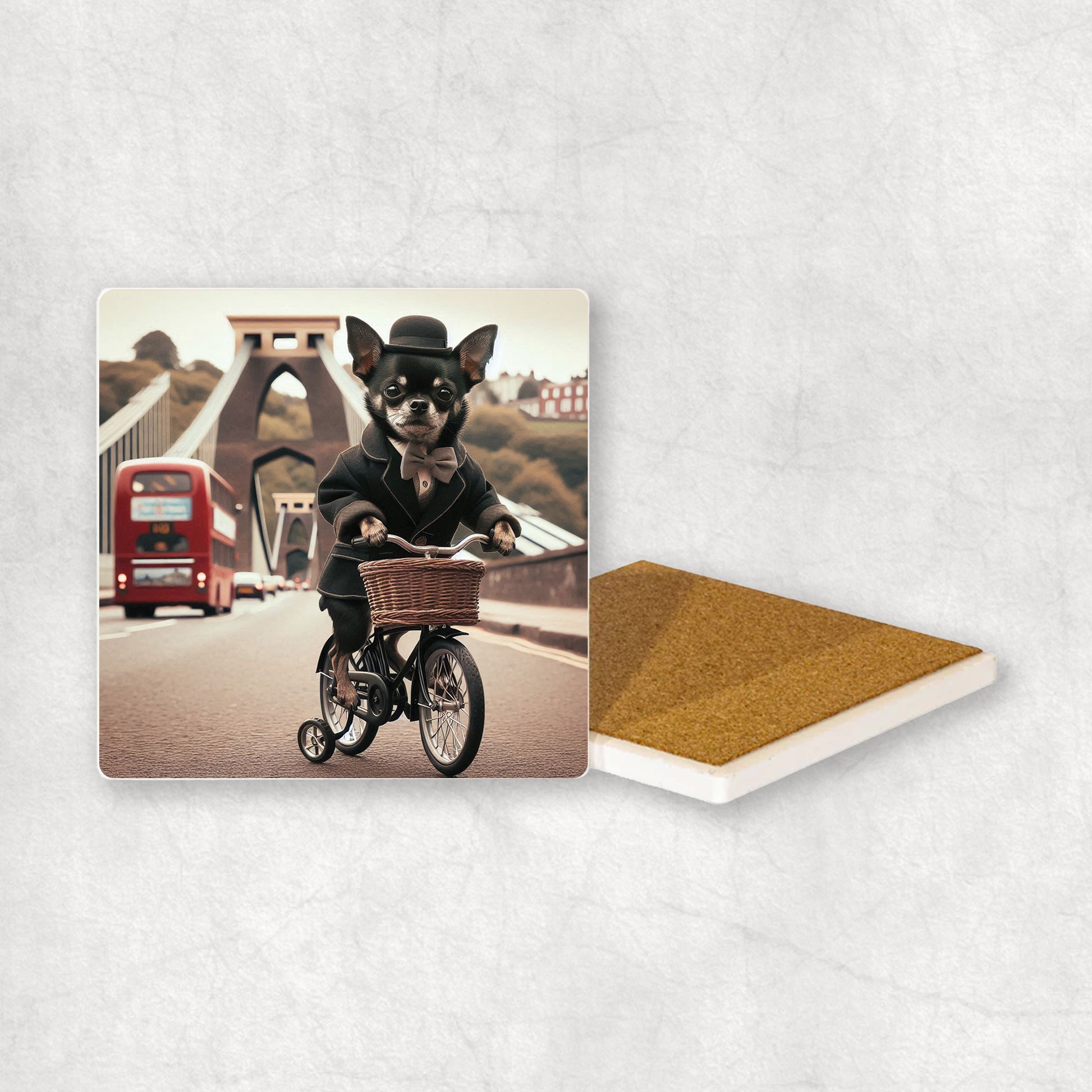 Ceramic Coaster gift with a Black Chihuahua dog design, dressed in a suit, riding a bike with the Clifton Suspension Bridge.
