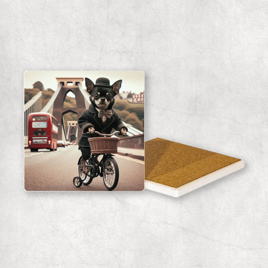 Ceramic Coaster gift with a Black Chihuahua dog design, dressed in a suit, riding a bike with the Clifton Suspension Bridge.