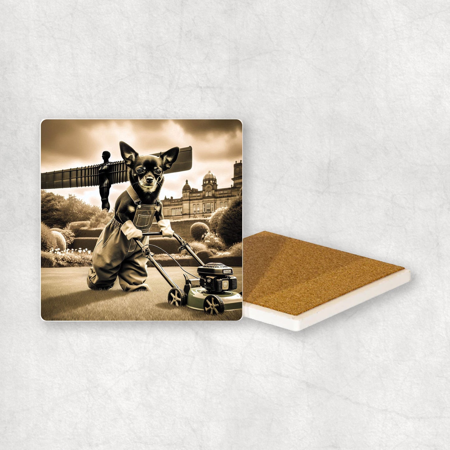 Ceramic coaster with a Black Chihuahu dog design, dressed as a gardener, mowing the grass with a lawnmower, with the Angel of the North in the background.