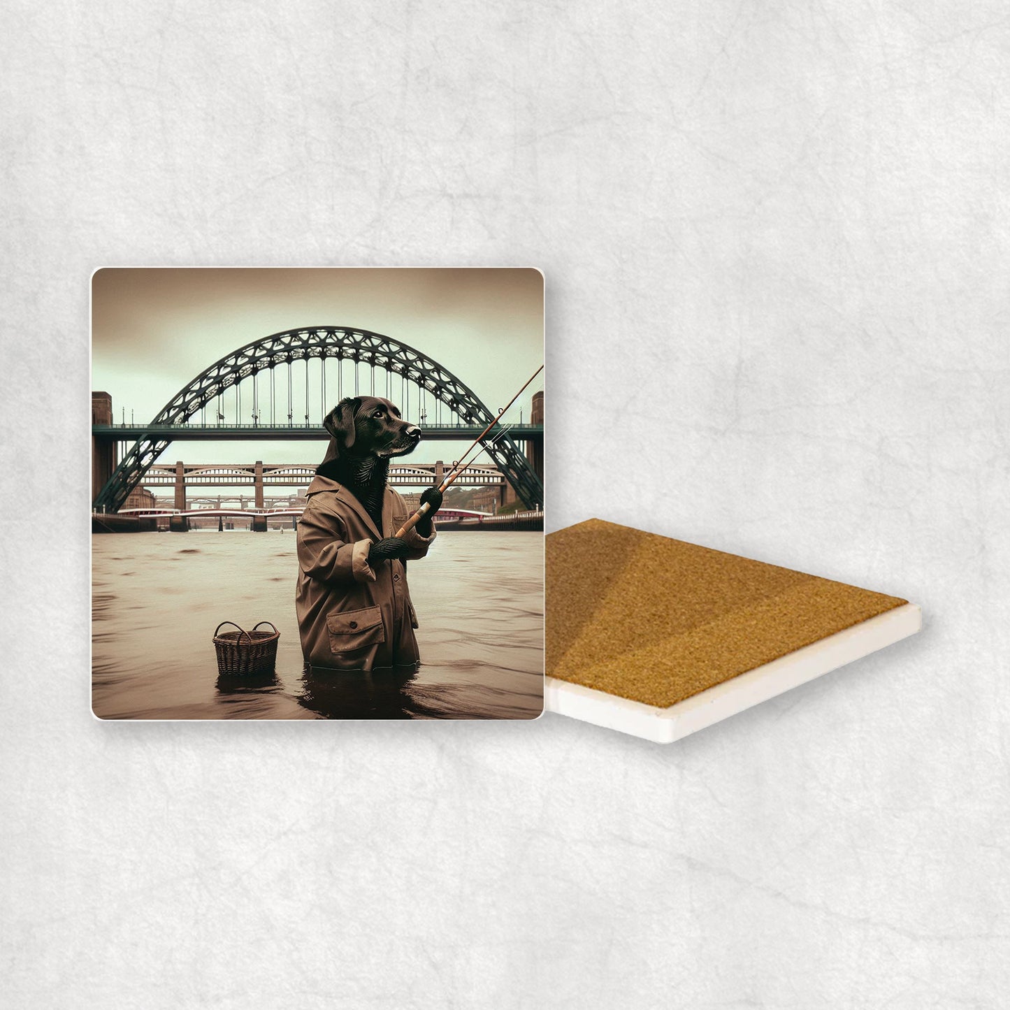 Ceramic Coaster gift with a Black Labrador dog design, dressed in an Angler costume, fishing in the Tyne river, with Newcastle bridges in the background.