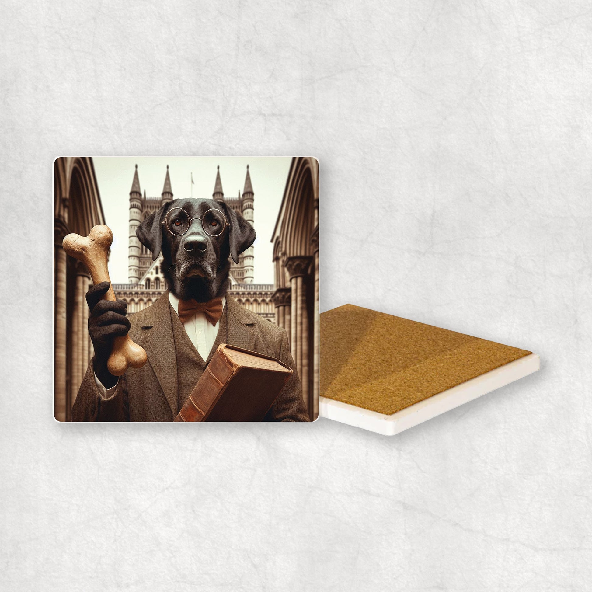 Ceramic Coaster gift with a Black Labrador dog design wearing a student's gown, glasses, holding a bone and a book in its paws, with the university in the background.