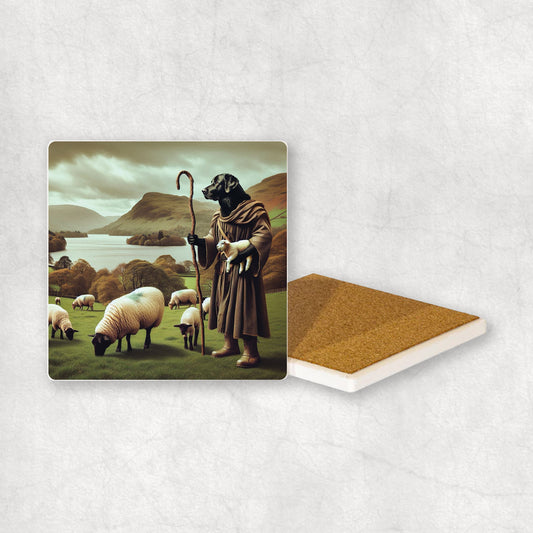 Ceramic Coaster gift with a Black Labrador dog design, looking like a shepherd, with sheep and the Lake District in the background.