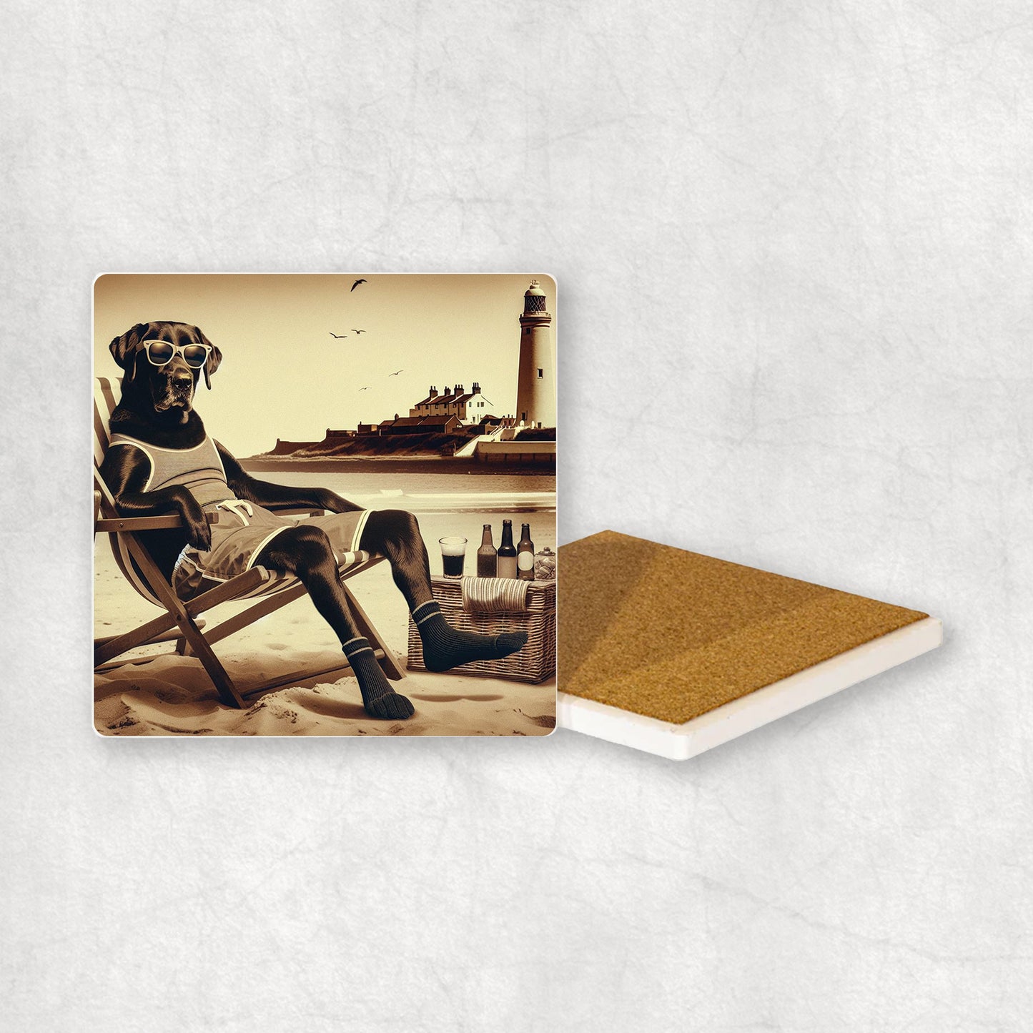 Ceramic Coaster gift with a Black Labrador dog design, wearing shorts, relaxes on a beach lounger at Whitley Bay with a lighthouse in the background.