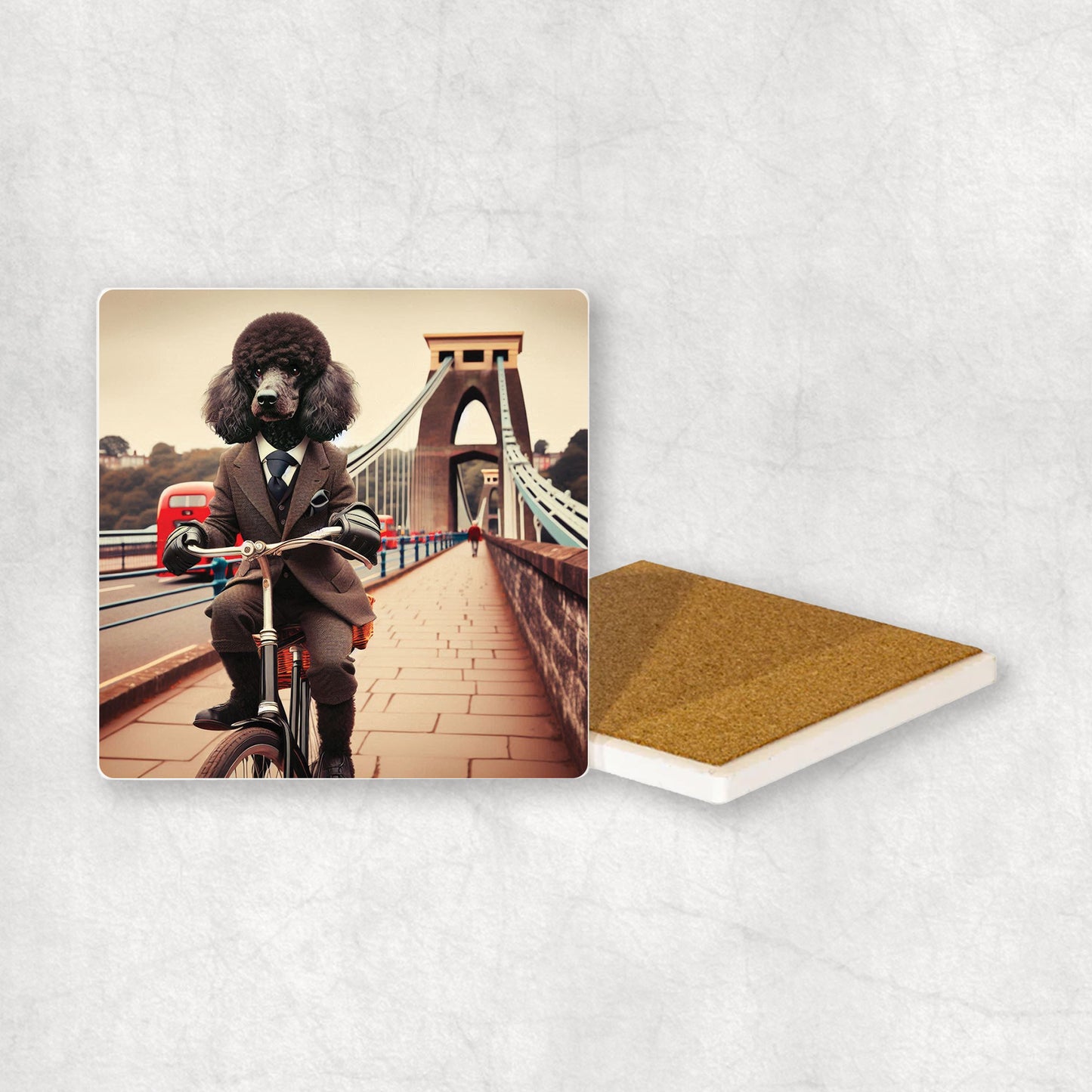 Ceramic coaster with a Black Poodle dog design, dressed in a suit, riding a bike on the Clifton Suspension Bridge.