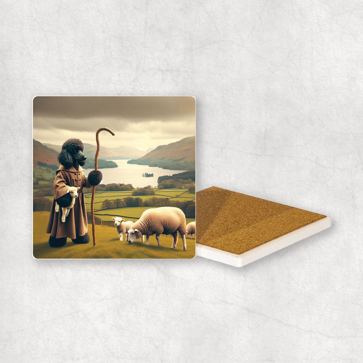 Ceramic Coaster gift with a Black Poodle dog design, looking like a shepherd, with sheep and the Lake District in the background.