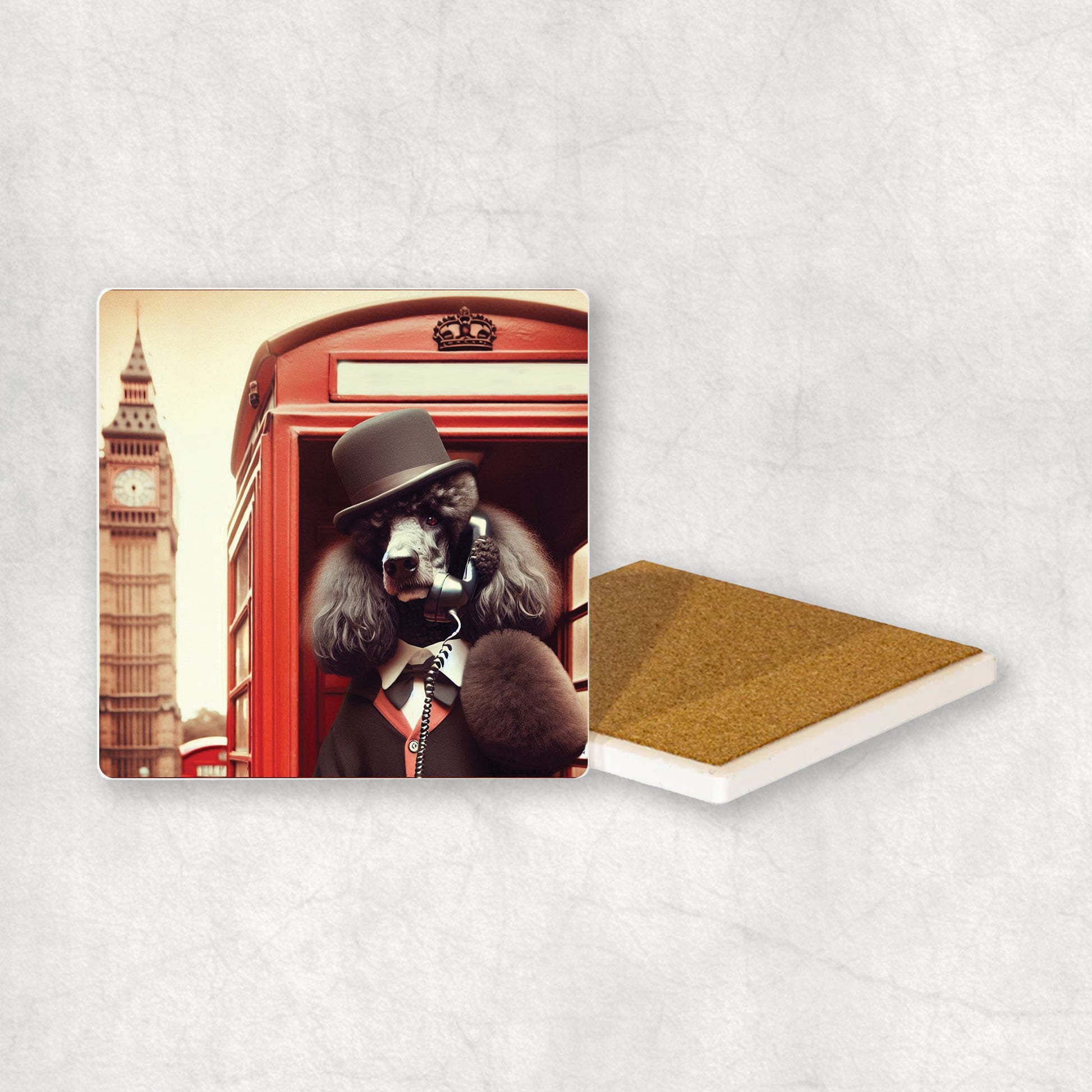 Ceramic coaster gift with a Black Poodle dog design, wearing a suit, talks on the phone in a red telephone booth in London with Big Ben in the background. 