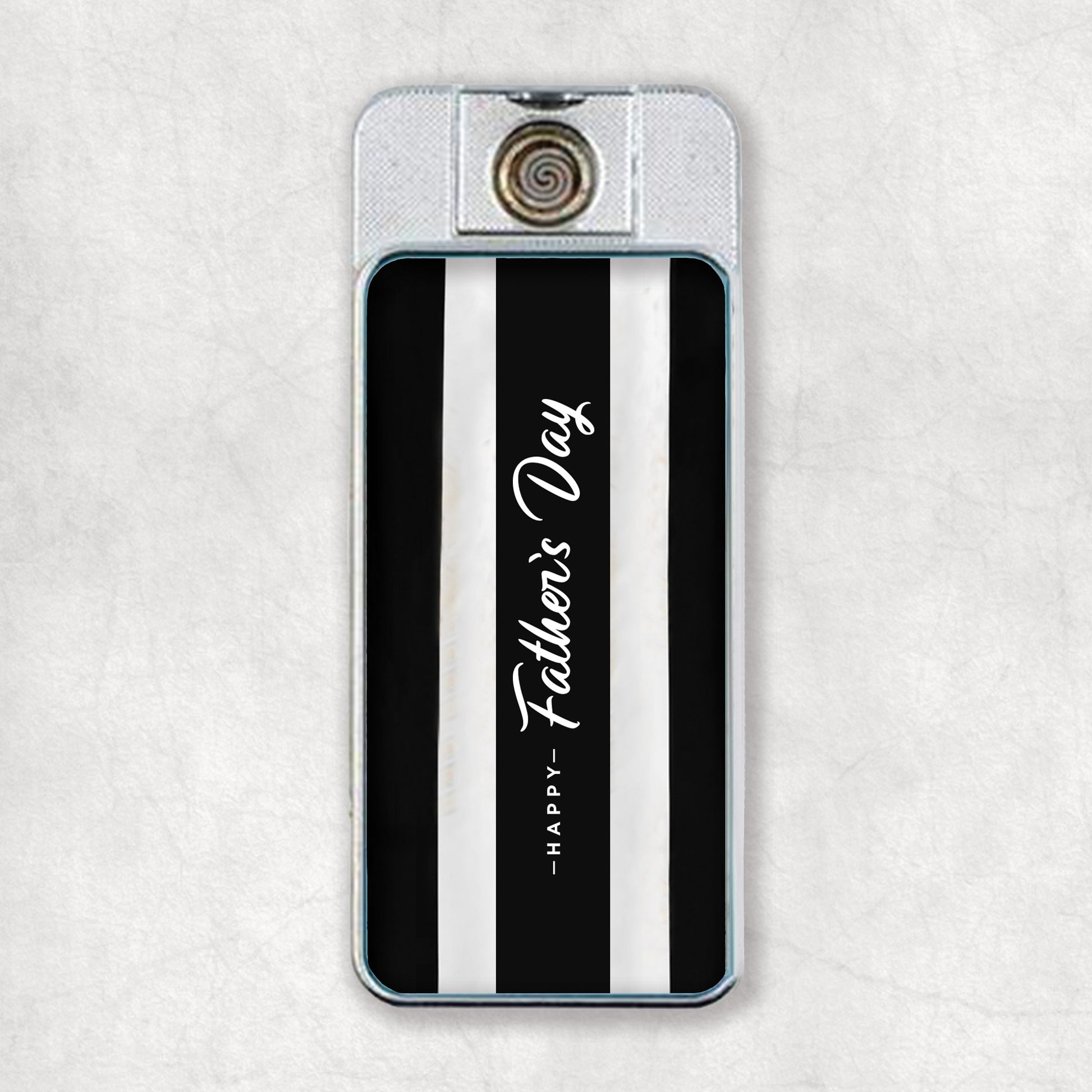 Personalised electric USB lighter with a photo and a black and white striped design and text that reads 'Happy Father's Day' on the back.