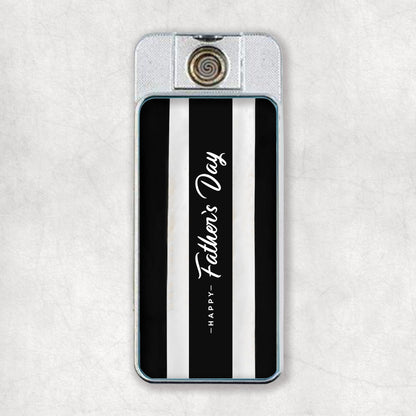 Personalised electric USB lighter with a photo and a black and white striped design and text that reads 'Happy Father's Day' on the back.