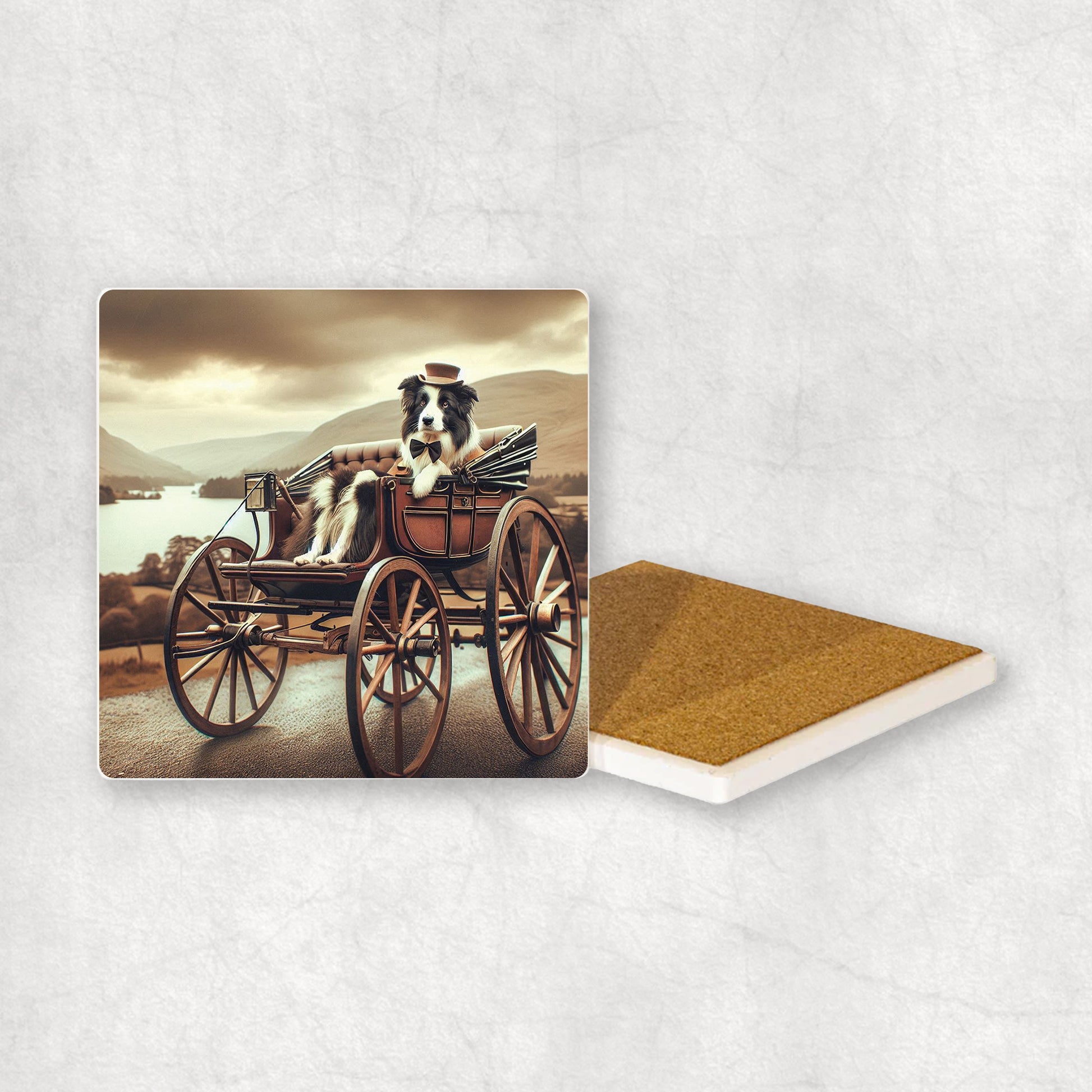 Ceramic Coaster gift with a Border Collie dog design, looking like a coachman with reins in its paw, and the Lake District in the background.