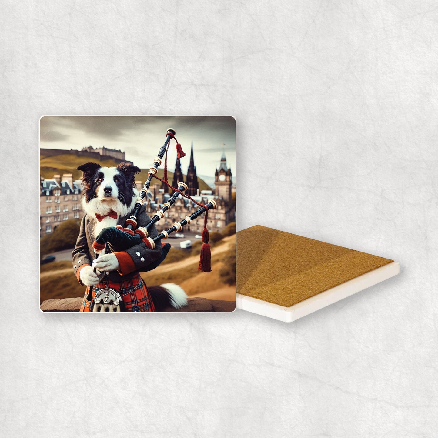 Ceramic Coaster gift with a Border Collie dog design, dressed in traditional Scottish costume, playing the bagpipes, with Edinburgh in the background