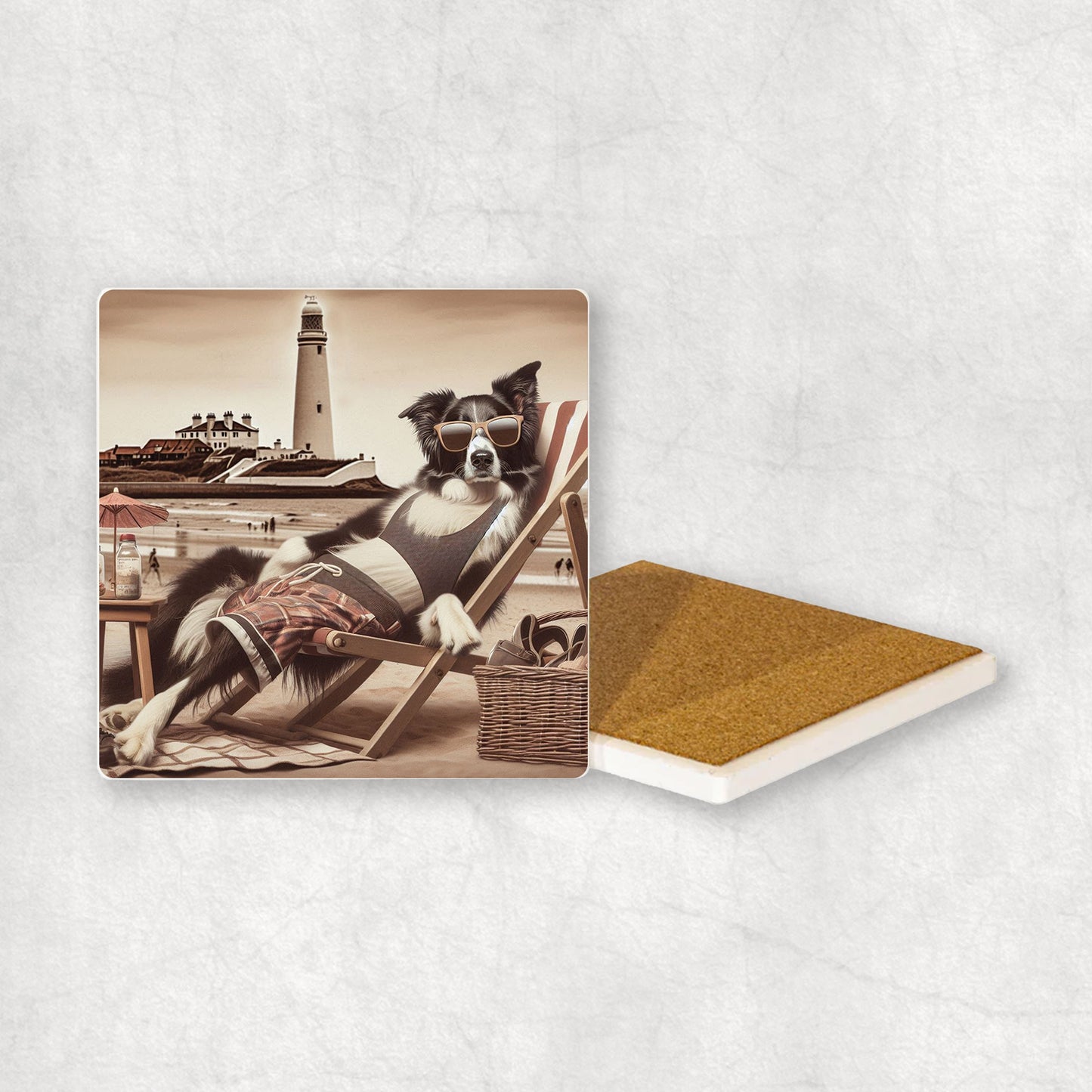 Ceramic Coaster gift with a Border Collie dog design, wearing shorts, relaxes on a beach lounger at Whitley Bay with a lighthouse in the background.