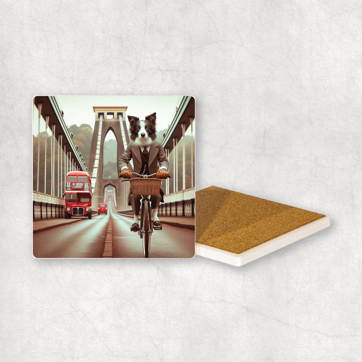 Ceramic coaster with a Border Collie dog design, dressed in a suit, riding a bike with the Clifton Suspension Bridge.