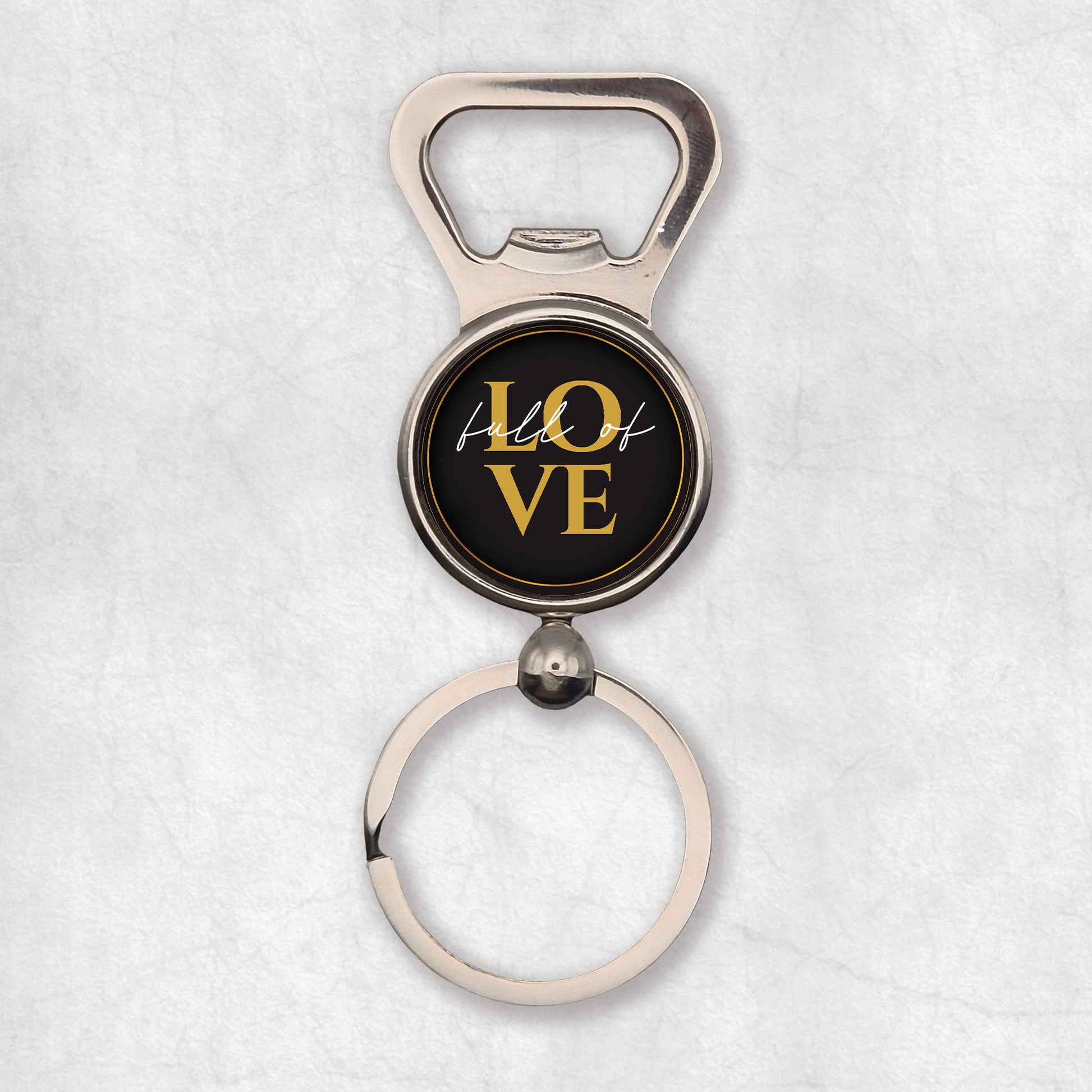 Bottle opener keyring with 'Full of Love' gold text, on a dark background, perfect gift for beer lovers. 