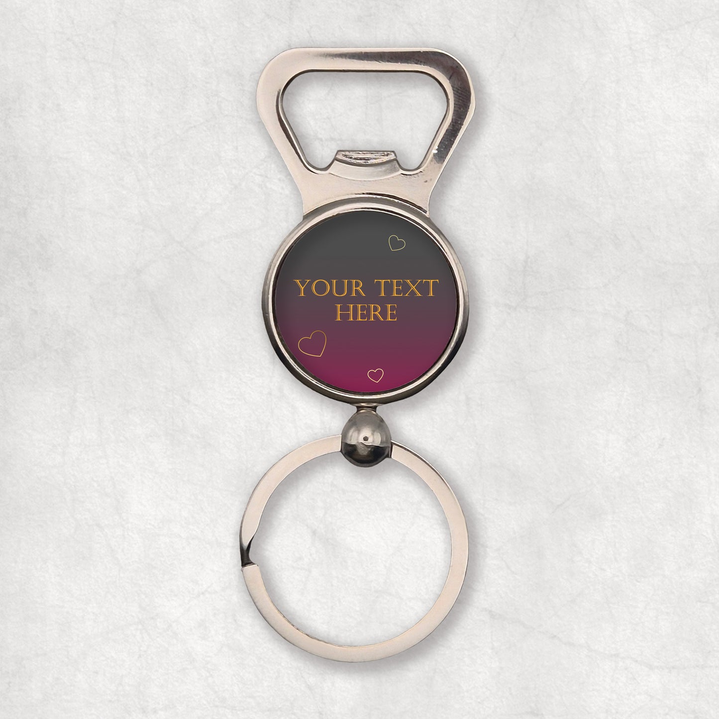 Personalized bottle opener keyring with customizable text on a dark background
