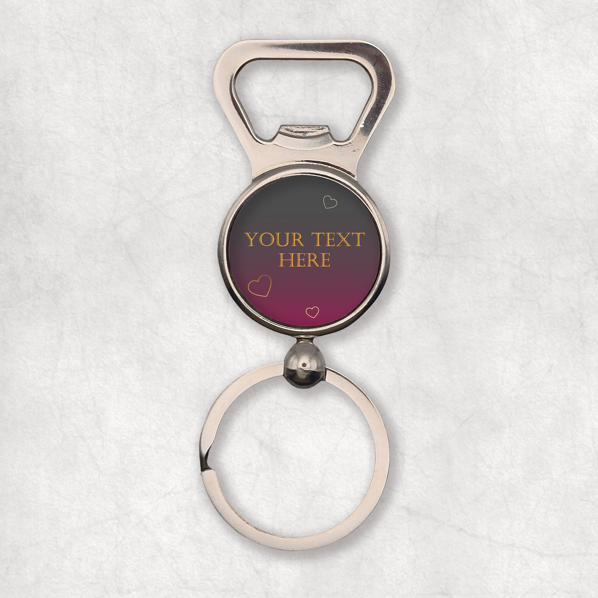Personalized bottle opener keyring with customizable text on a dark background
