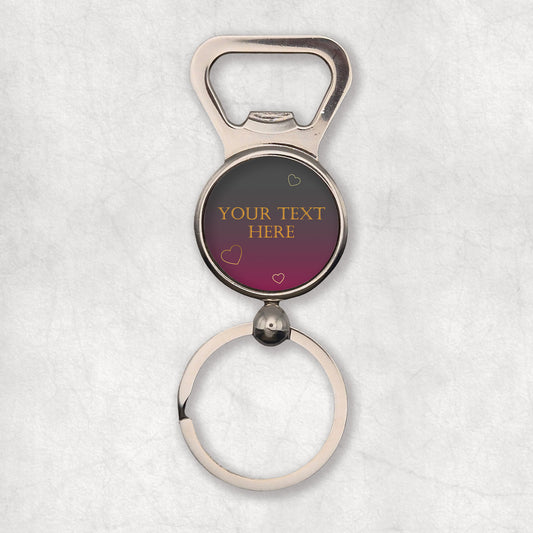 Personalized bottle opener keyring with customizable text on a dark background