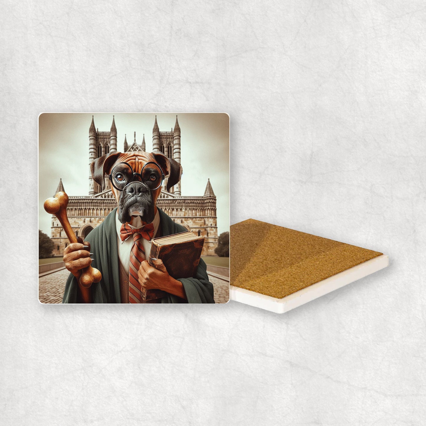 Ceramic Coaster gift with a Boxer dog design wearing a student's gown, glasses, holding a bone in a paw, and the university in the background.
