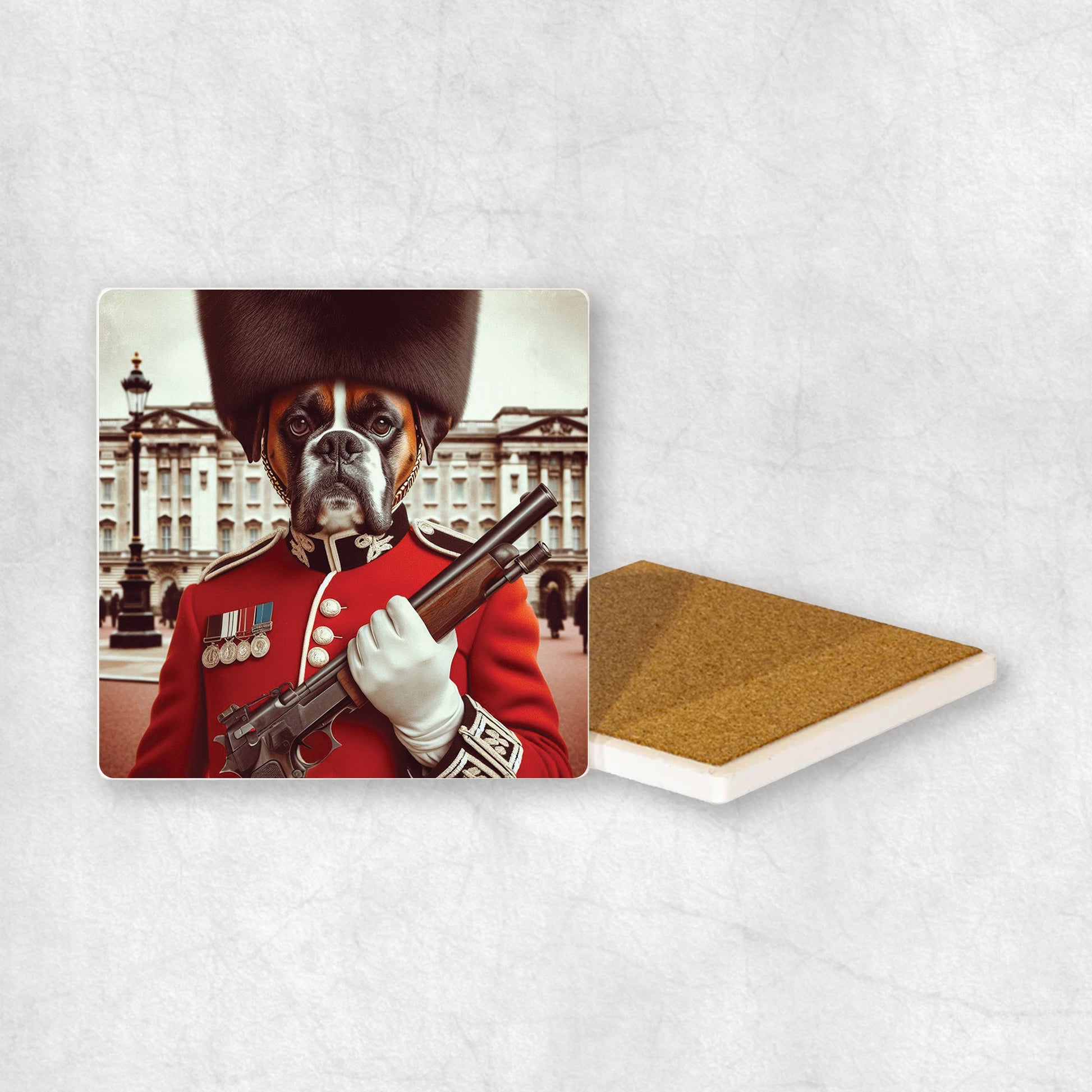 Ceramic Coaster gift with a Boxer dog design, wearing British guard costume, holding a gun, with Buckingham Palace in the background. 