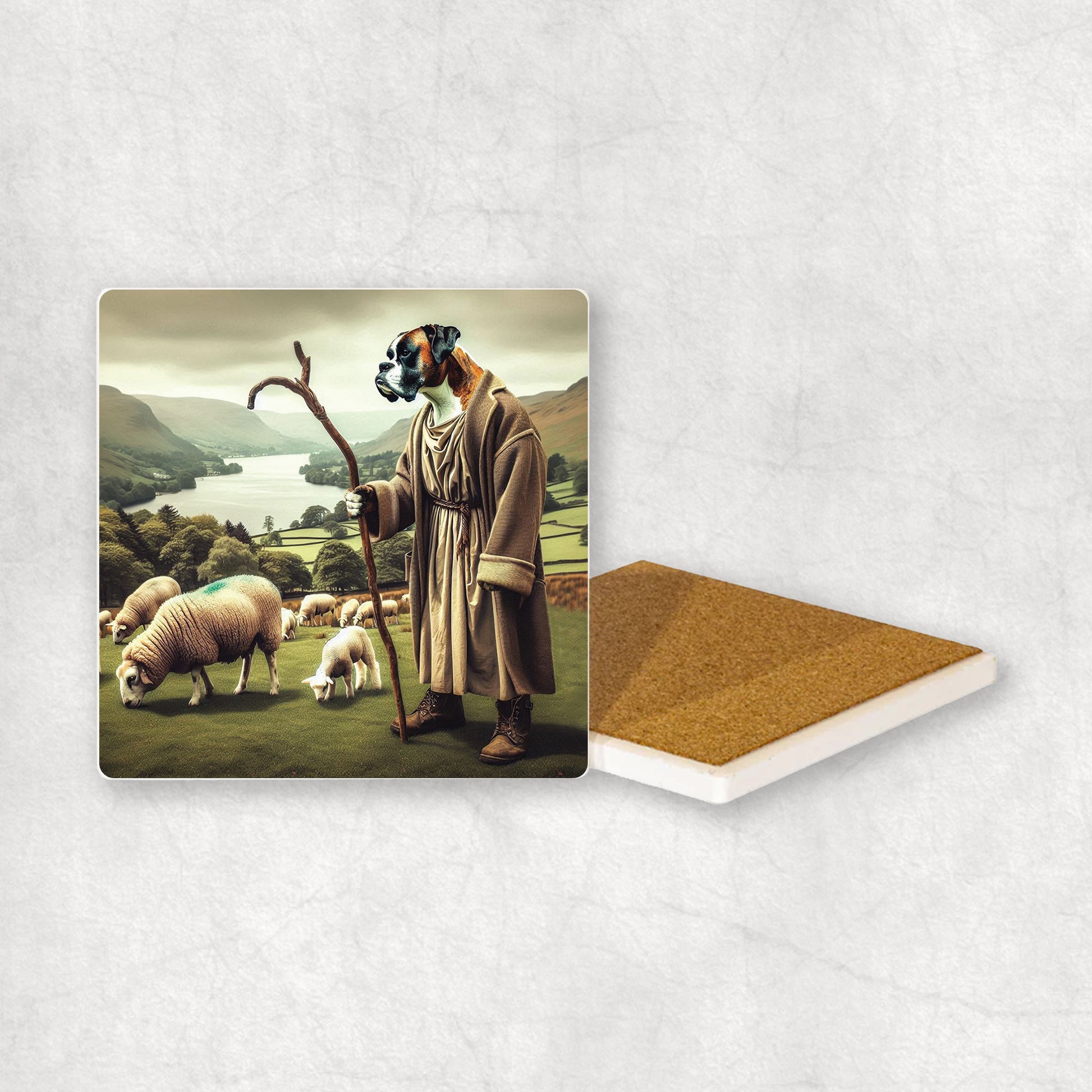 Ceramic Coaster gift with a Boxer dog design, looking like a shepherd, with sheep and the Lake District in the background.