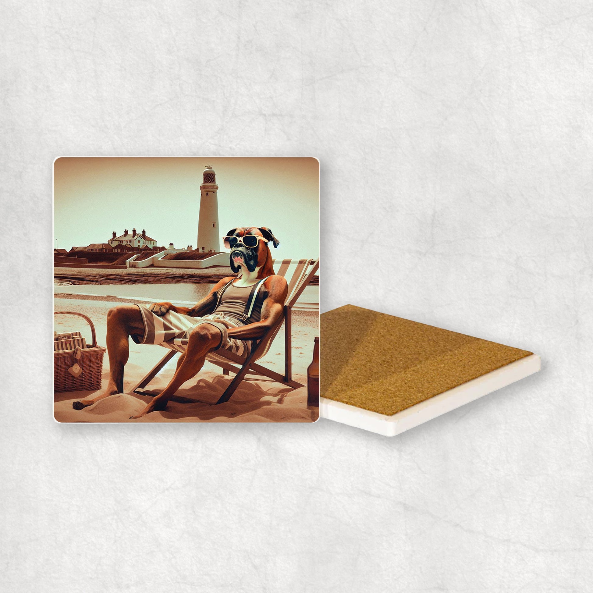 Ceramic Coaster gift with a Boxer dog design, wearing shorts, relaxes on a beach lounger at Whitley Bay with a lighthouse in the background.