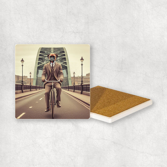 Ceramic coaster with a Boxer dog design, dressed in a suit, riding a bike on the bridge.
