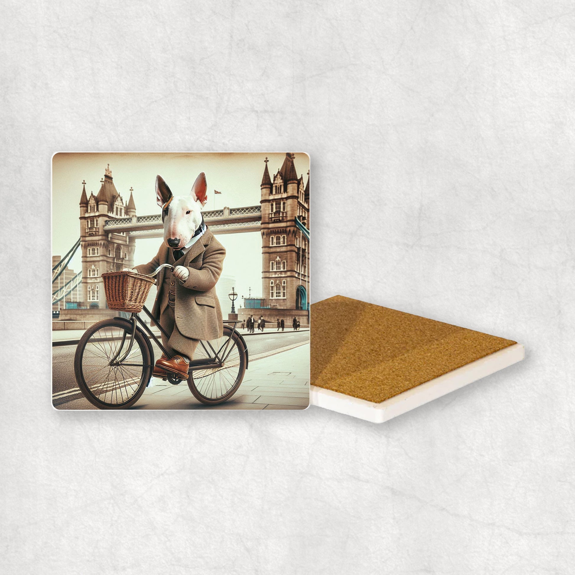 Ceramic coaster gift with a Bull Terrier dog design, dressed in a suit, riding a bike with the Clifton Suspension Bridge in the background.