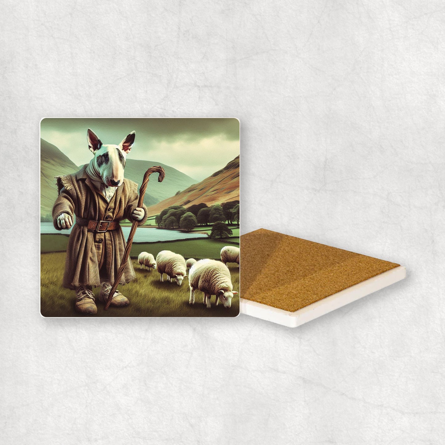 Ceramic Coaster gift with a Bull Terrier dog design, looking like a shepherd, with sheep and the Lake District in the background.