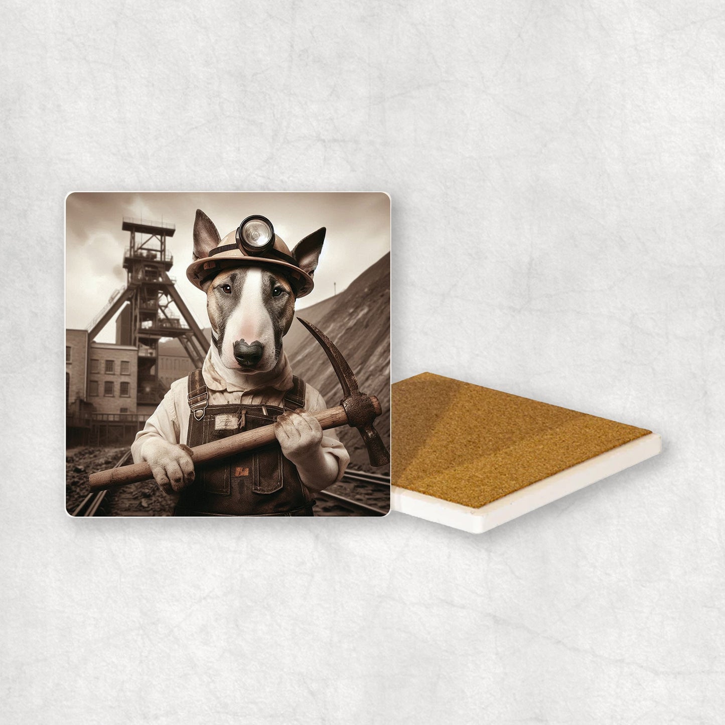 Ceramic Coaster gift with a Bull Terrier dog design, dressed like a miner with a pickaxe in its paws, with a mine in the background.