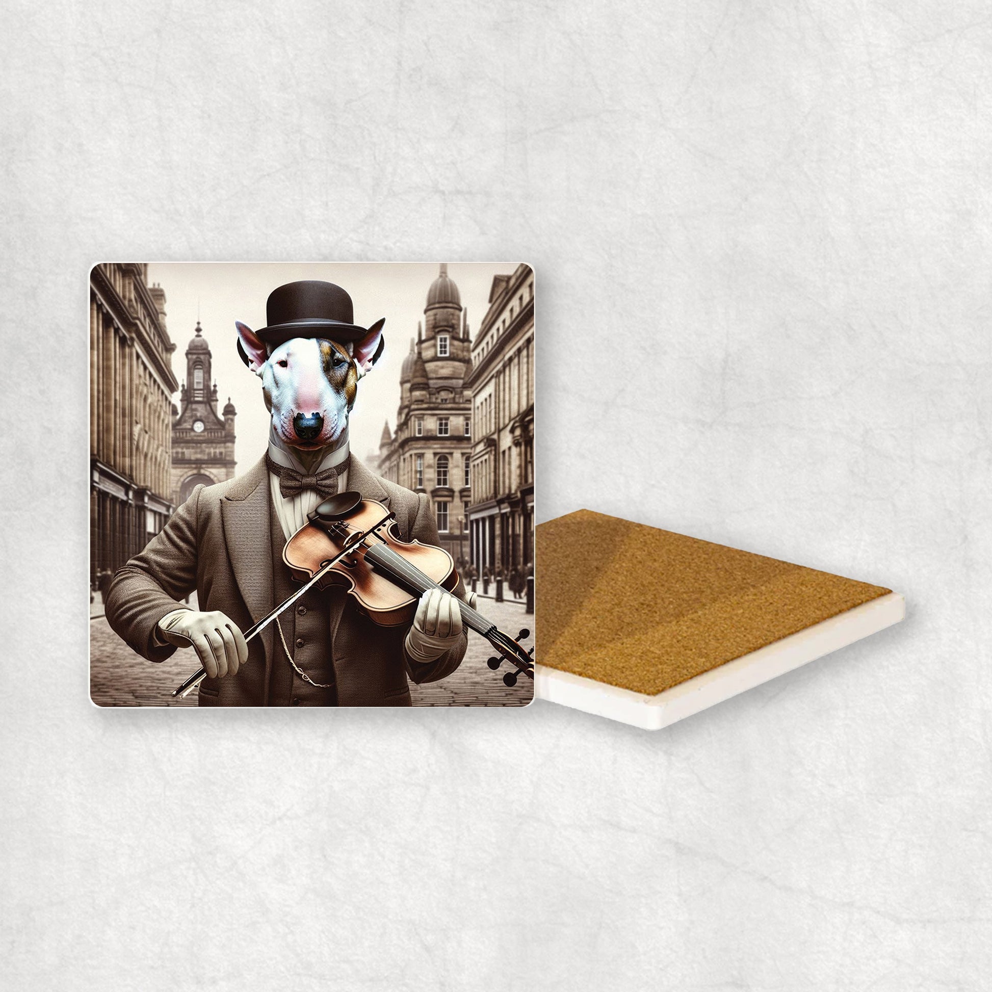 Ceramic coaster gift with a Bull Terrier dog design, wearing a suit and a hat, playing the violin, with a beautiful city centre in the background.