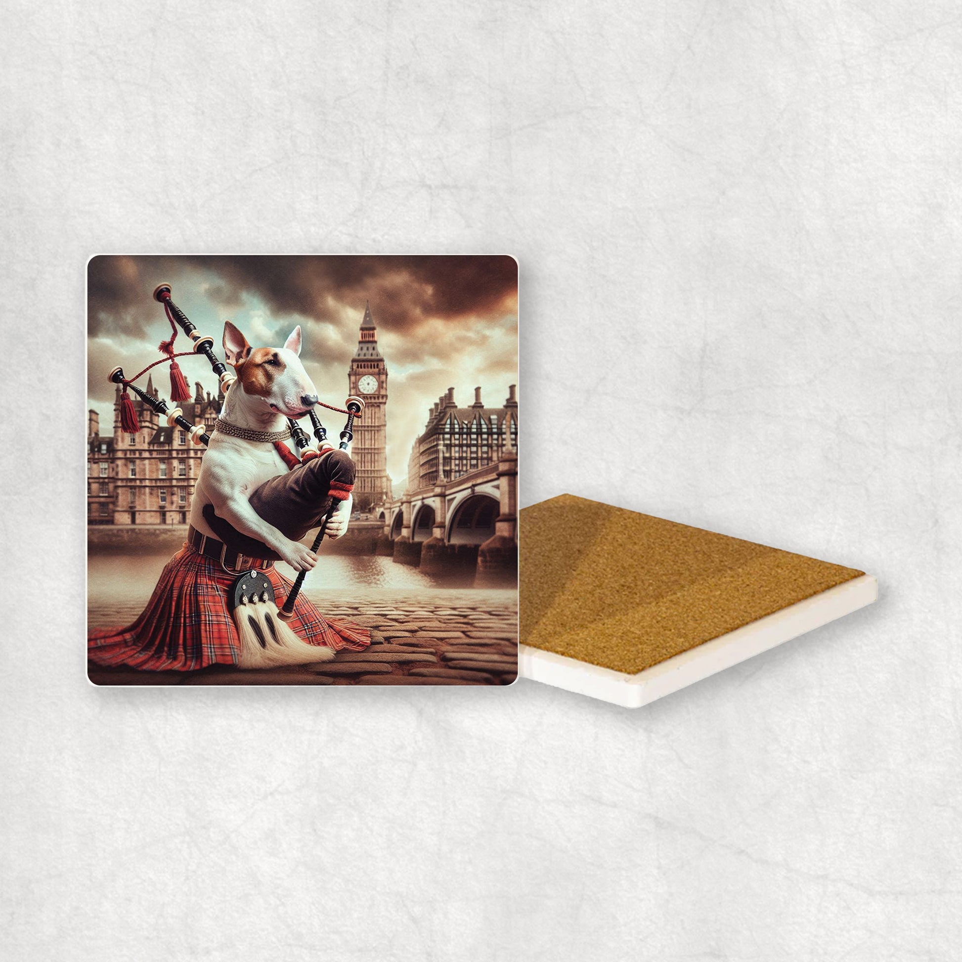 Ceramic Coaster gift with a Bull Terrier dog design, dressed in traditional Scottish costume, playing the bagpipes, with Edinburgh in the background. 