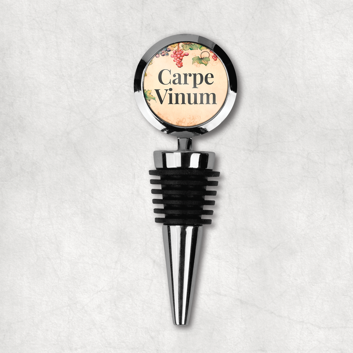 Elegant wine bottle stopper with 'Carpe Vinum' inspirational phrase, on beautiful background, the perfect gift for wine lovers.