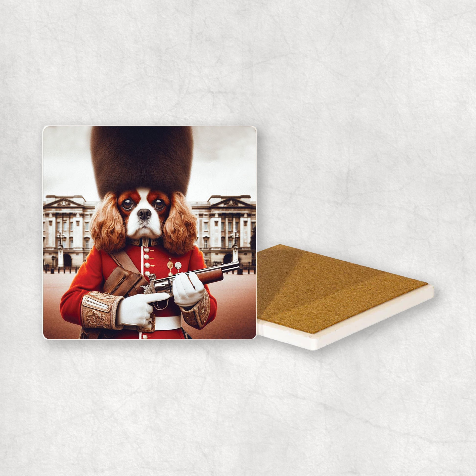 Ceramic Coaster gift with a Cavalier dog design, wearing British guard costume with Buckingham Palace in the background.