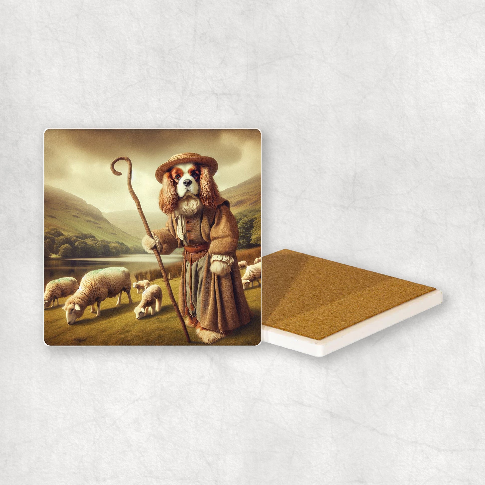 Ceramic Coaster gift with a Cavalier dog design, looking like a shepherd, with sheep and the Lake District in the background.