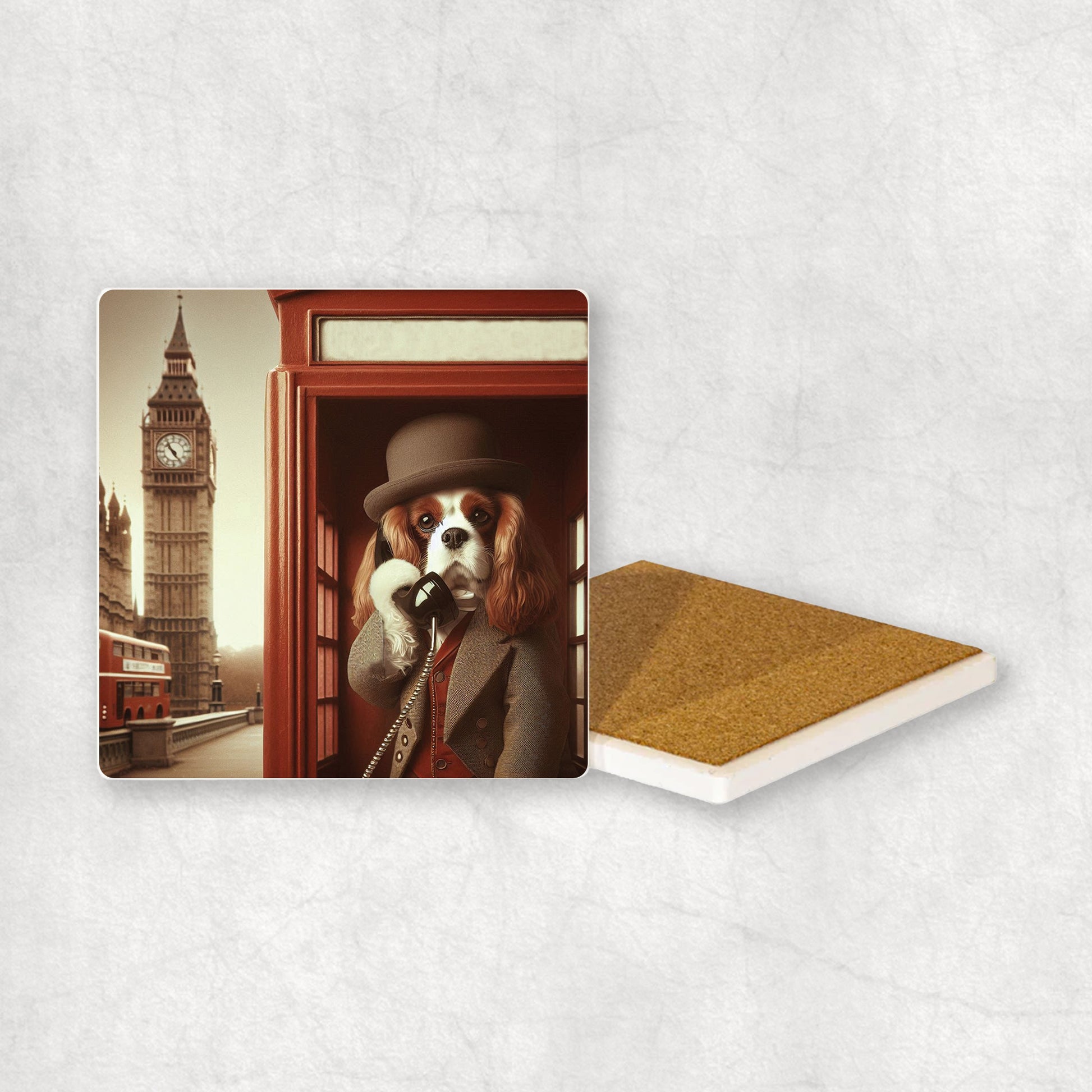 Ceramic coaster gift with a Cavalier dog design, wearing a suit, talks on the telephone in a red telephone booth in London with Big Ben in the background. 