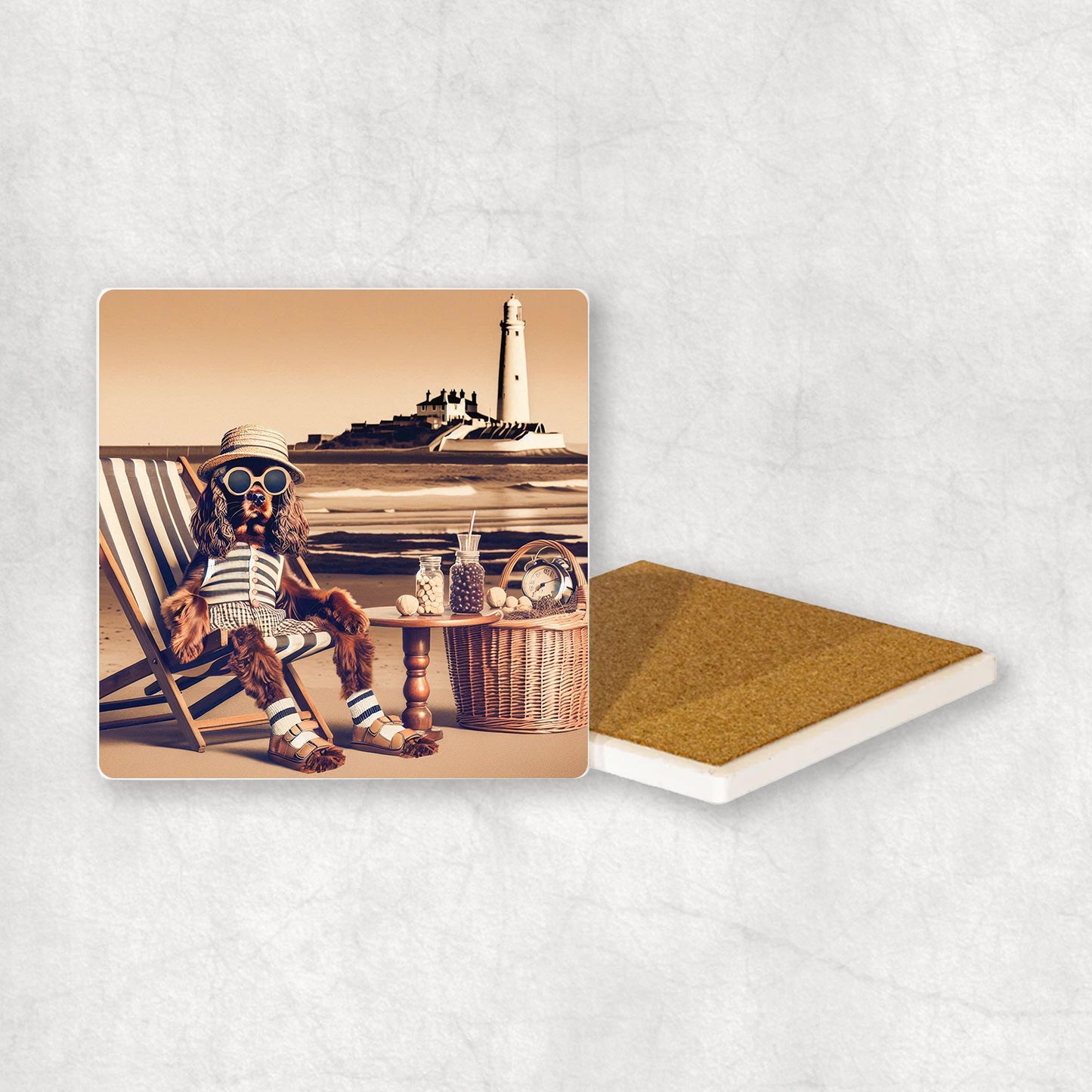 Ceramic Coaster gift with a Cavalier dog design, wearing shorts, relaxes on a beach lounger at Whitley Bay with a lighthouse in the background.