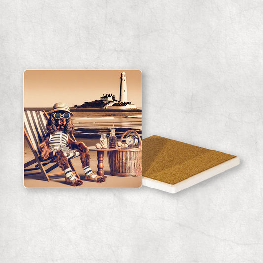 Ceramic Coaster gift with a Cavalier dog design, wearing shorts, relaxes on a beach lounger at Whitley Bay with a lighthouse in the background.