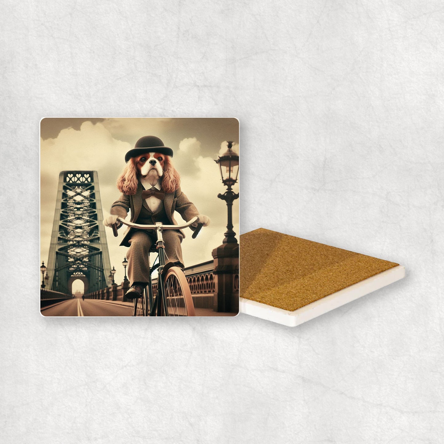 Ceramic coaster gift with a Cavalier dog design, dressed in a suit, riding a bike with the bridge in the background.