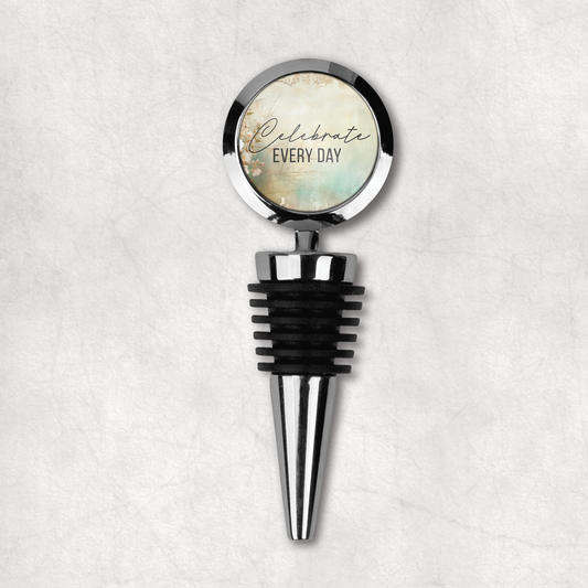 Stylish wine bottle stopper with 'Celebrate Every Day' text on beautiful backgroud, the perfect gift for wine lovers.