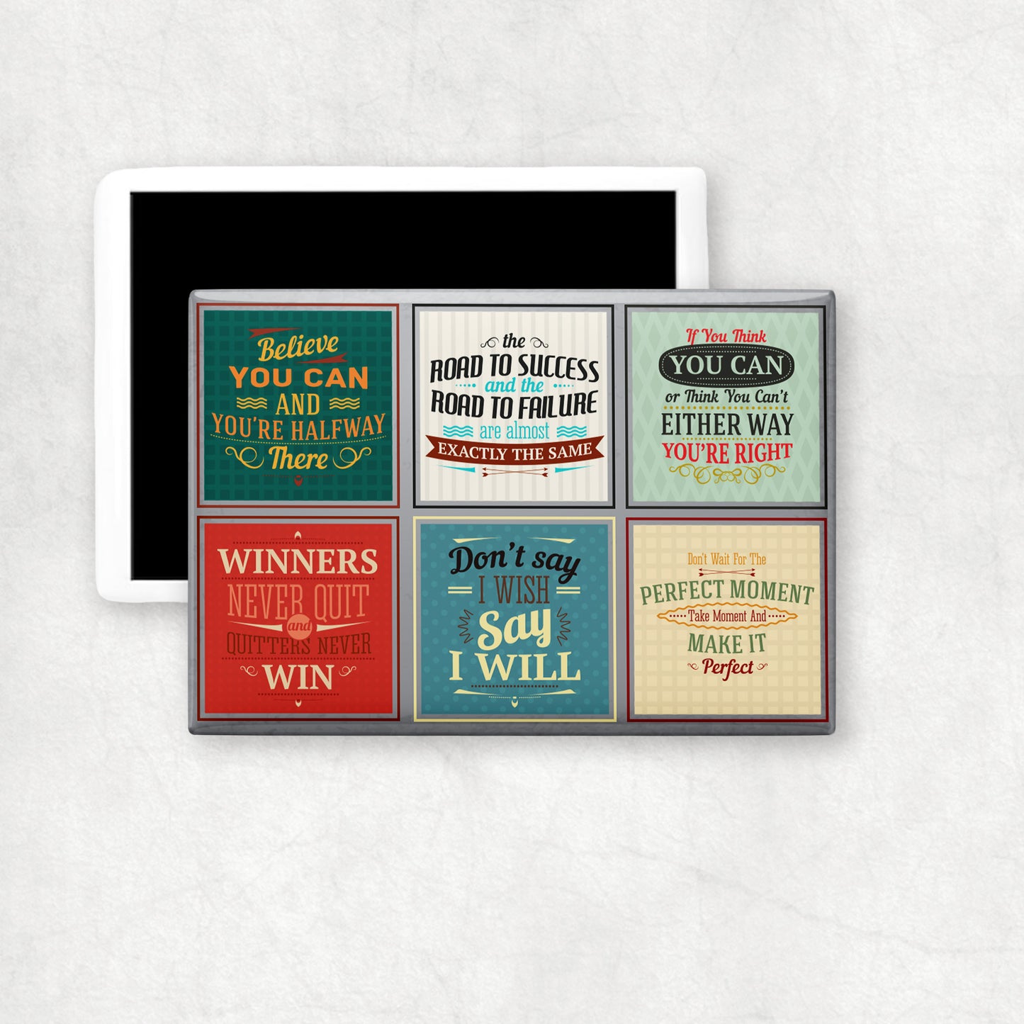 A horizontal ceramic magnet with a mix of inspiring quotes, a perfect gift for any occasion.