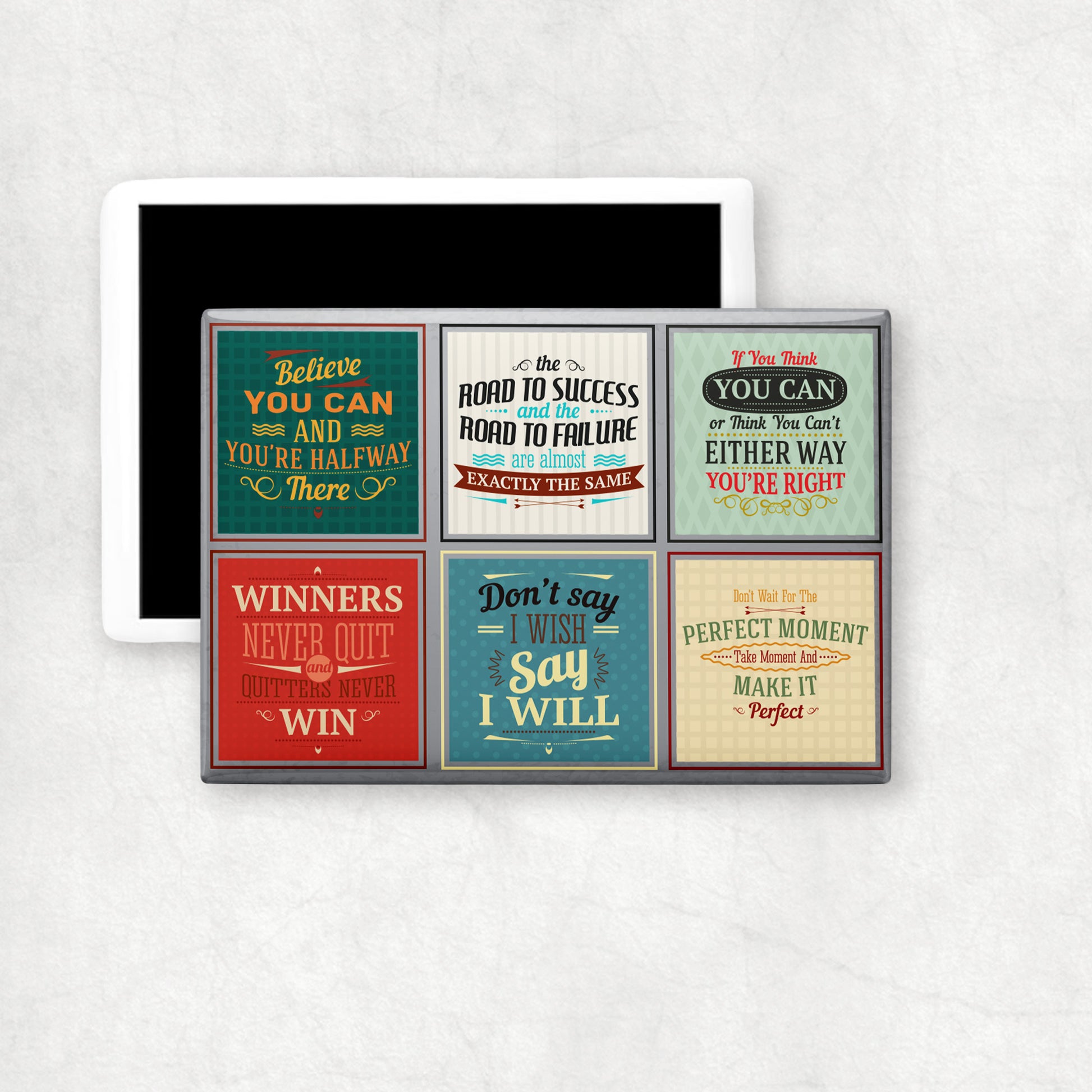 A horizontal ceramic magnet with a mix of inspiring quotes, a perfect gift for any occasion.