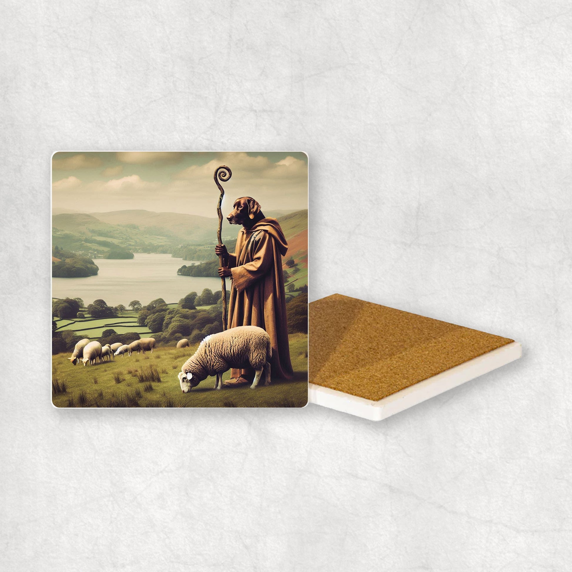 Ceramic Coaster gift with a Chocolate Labrador dog design, looking like a shepherd, with sheep and the Lake District in the background.