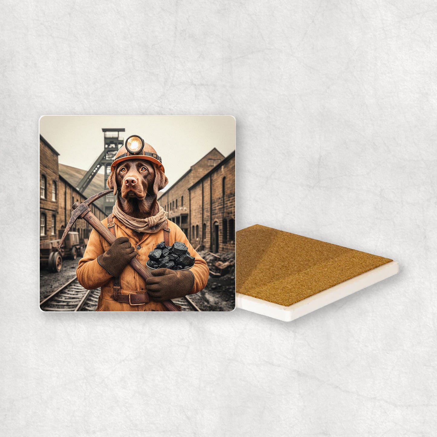 Ceramic Coaster gift with a Chocolate Labrador dog design, dressed like a miner with a pickaxe and coal in its paws, with a mine in the background.