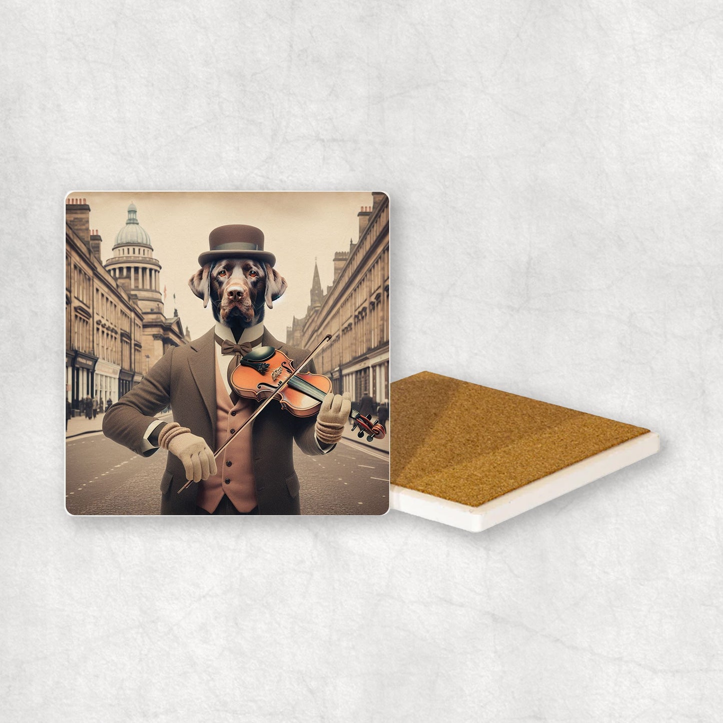 Ceramic coaster gift with a Chocolate Labrador dog design, wearing a suit and a hat, playing the violin, with a beautiful city centre in the background.