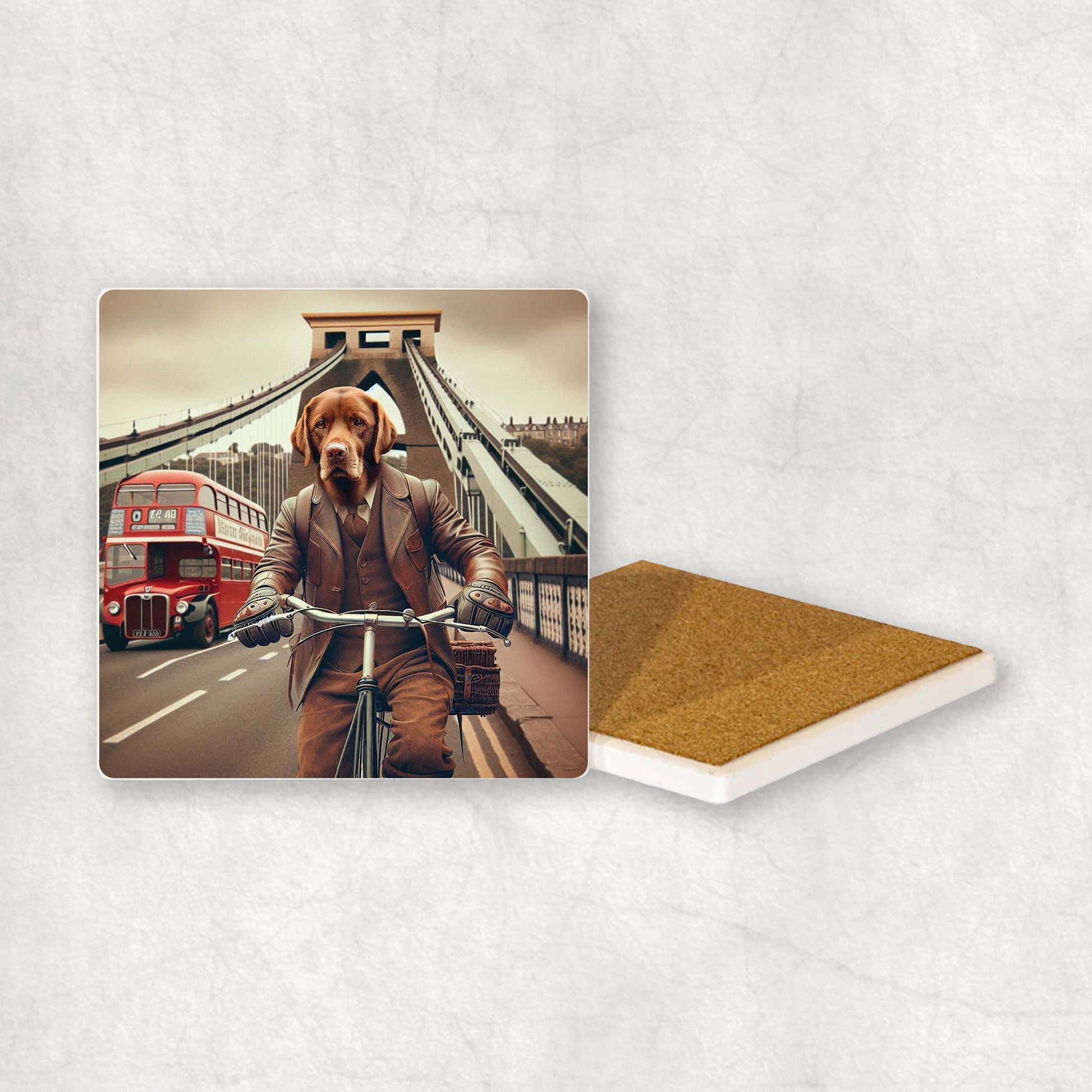 Ceramic coaster gift with a Chocolate Labrador dog design, dressed in a suit, riding a bike with the Clifton Suspension Bridge.
