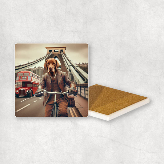 Ceramic coaster gift with a Chocolate Labrador dog design, dressed in a suit, riding a bike with the Clifton Suspension Bridge.